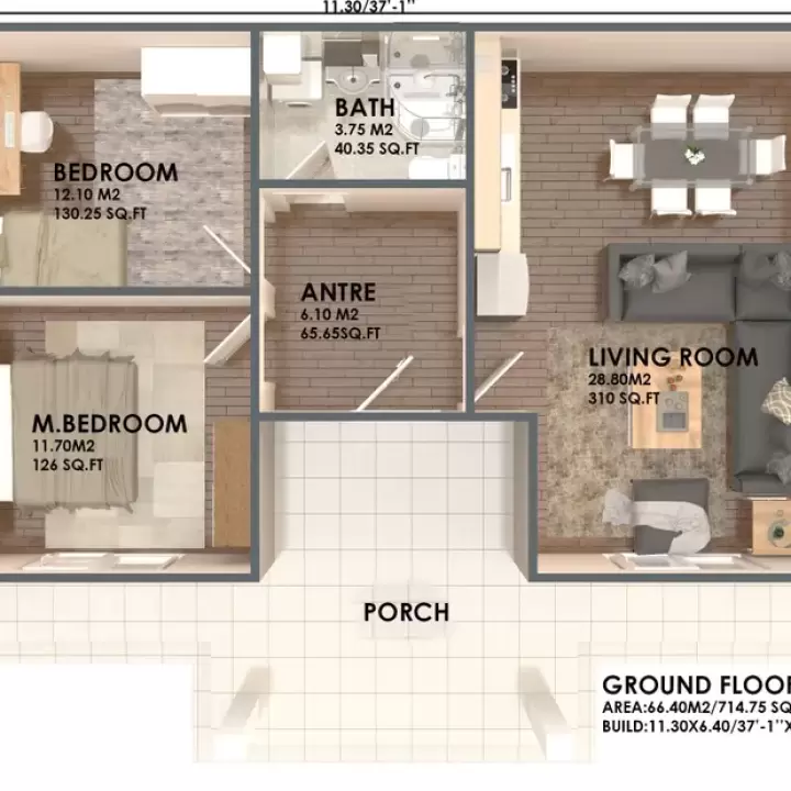 37' x 21' Piani di galleggiamento della piccola casa 2 camere da letto
